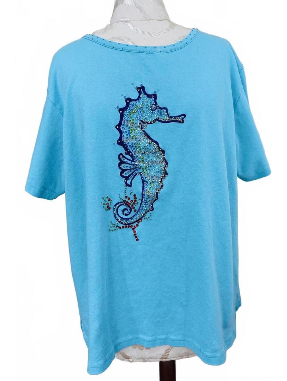 NWT Tamsy T-Shirt Short Sleeve Rhinestone Seahorse Design Aqua Size XL